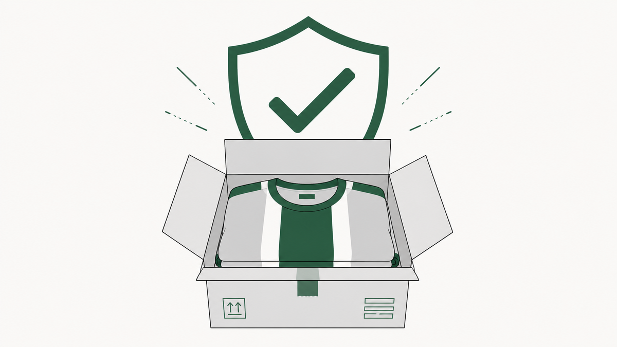 Maillot de foot plié dans un carton d'expédition ouvert surmonté d'un bouclier de validation